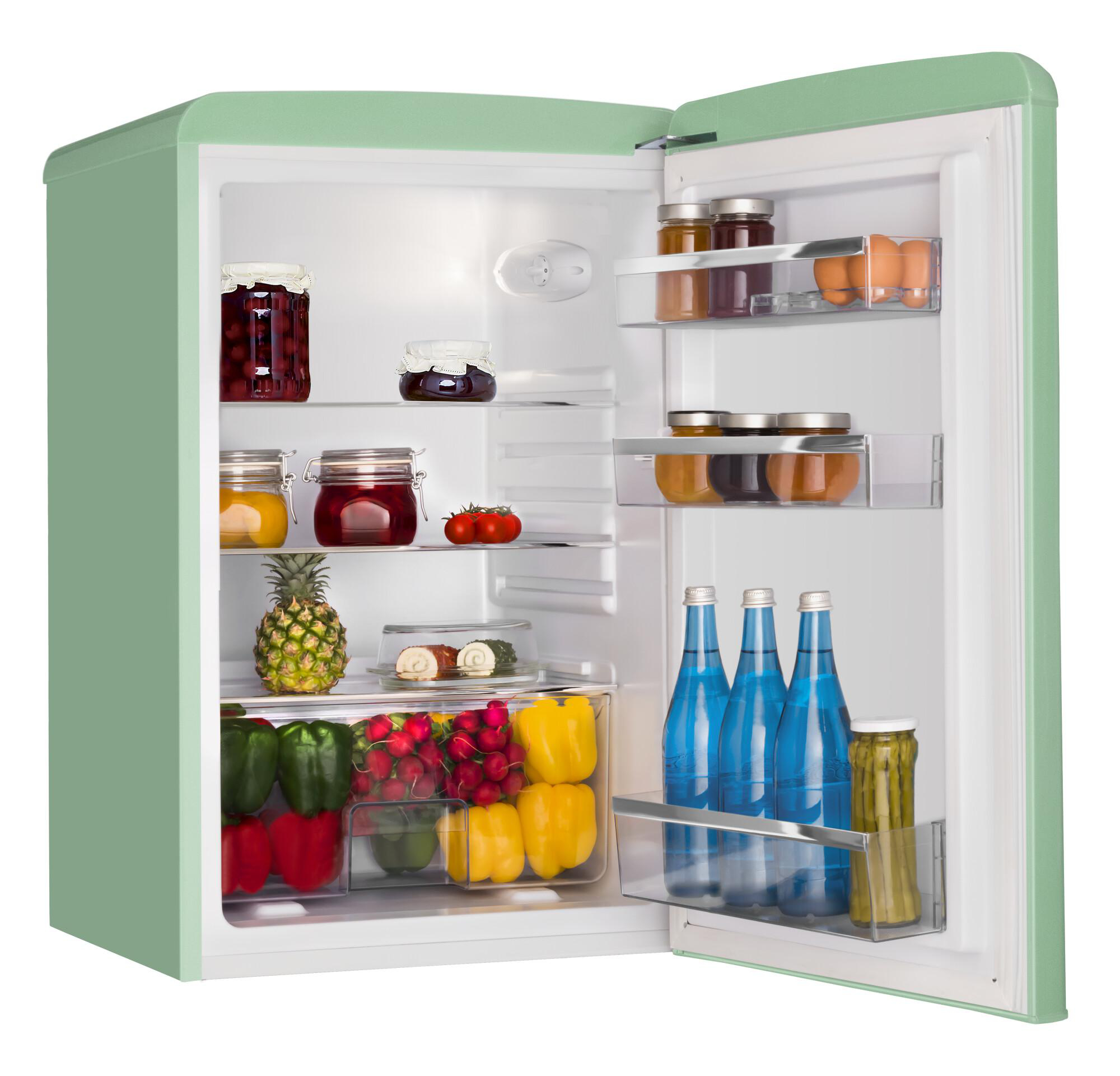Ein mintgrüner Retro-Kühlschrank mit offener Tür, gefüllt mit Lebensmitteln.