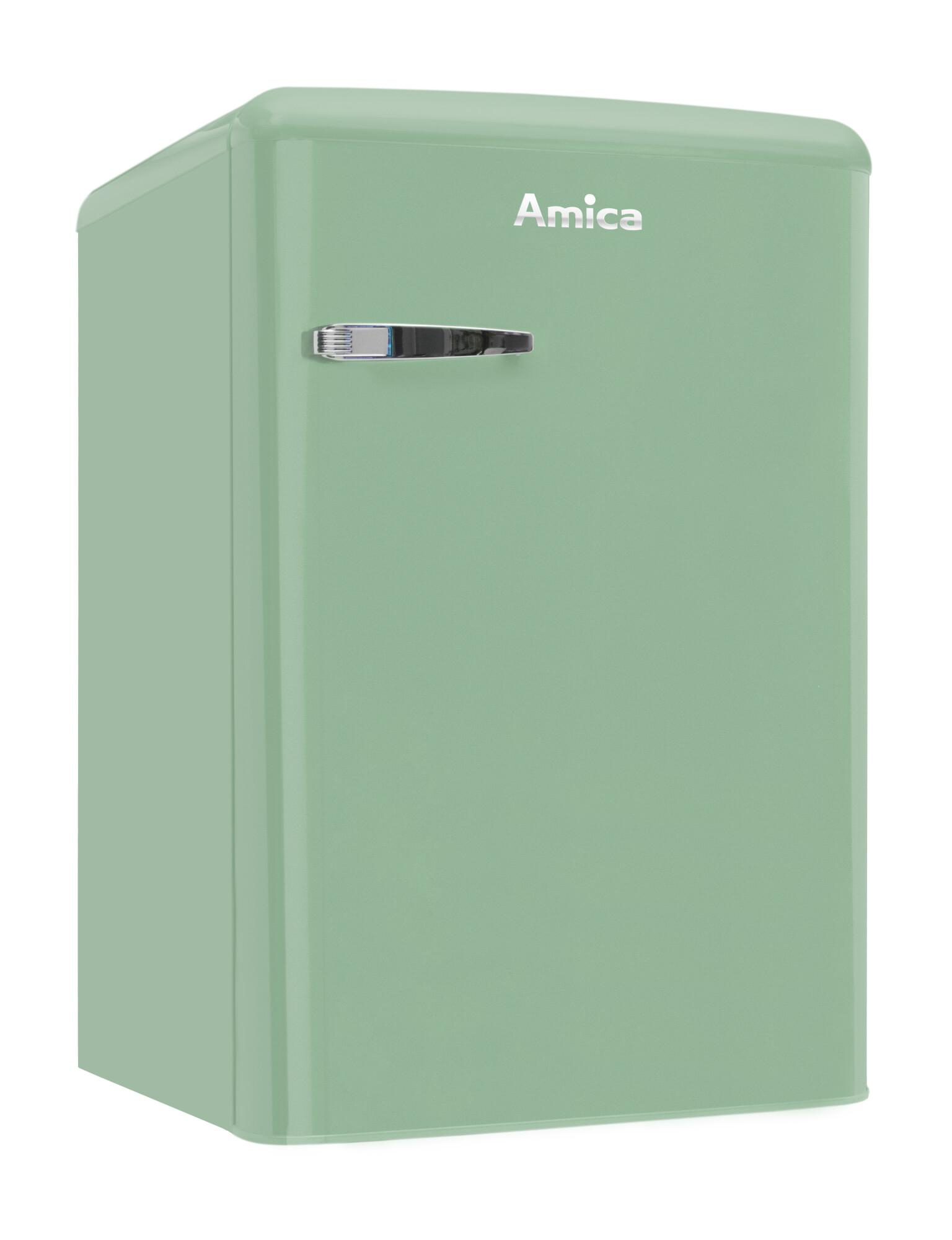 Ein mintgrüner Amica Retro-Minikühlschrank, Seitenansicht.