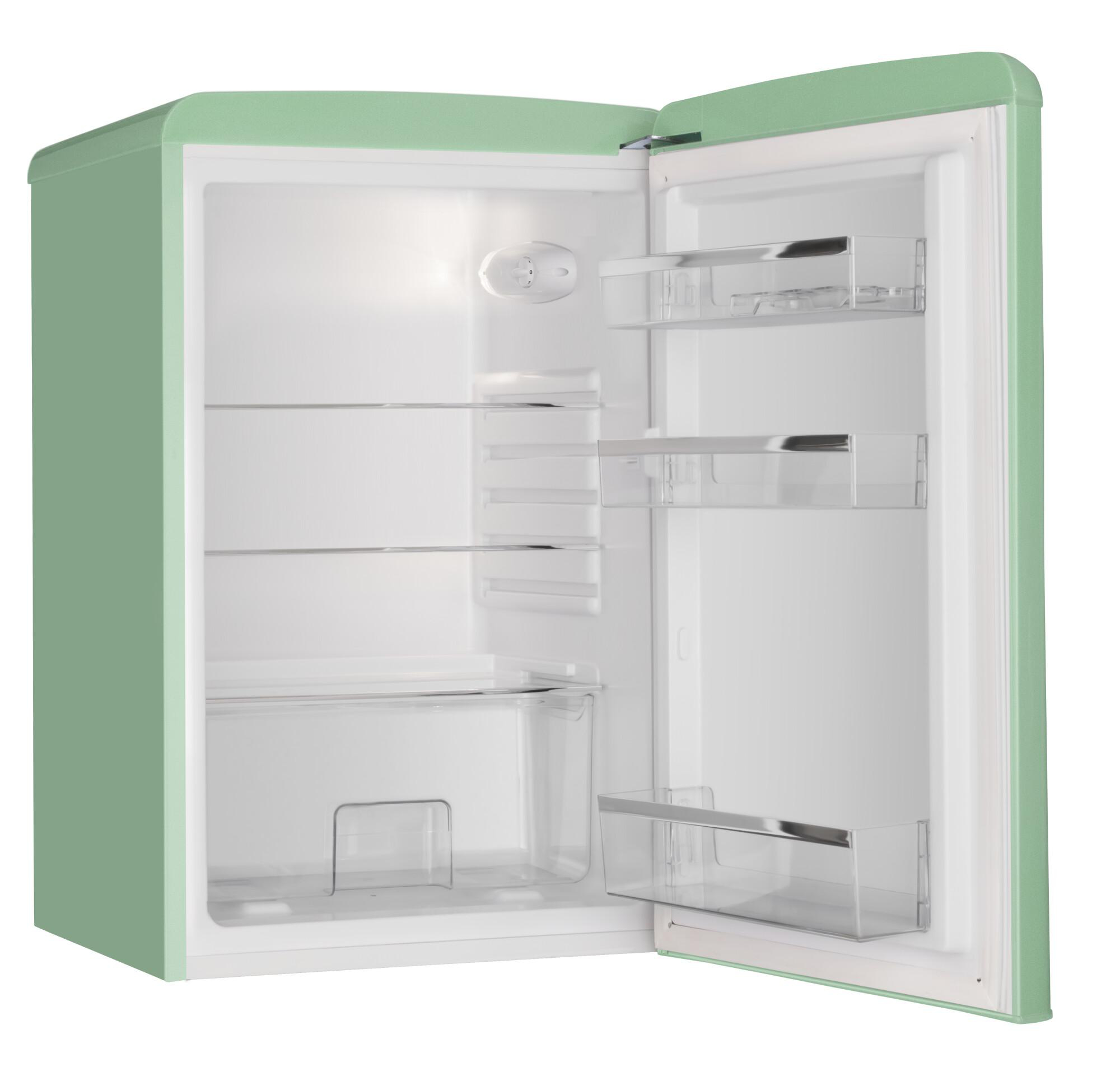 Ein mintgrüner Retro-Kühlschrank mit offener Tür, die Regale und Fächer zeigt.