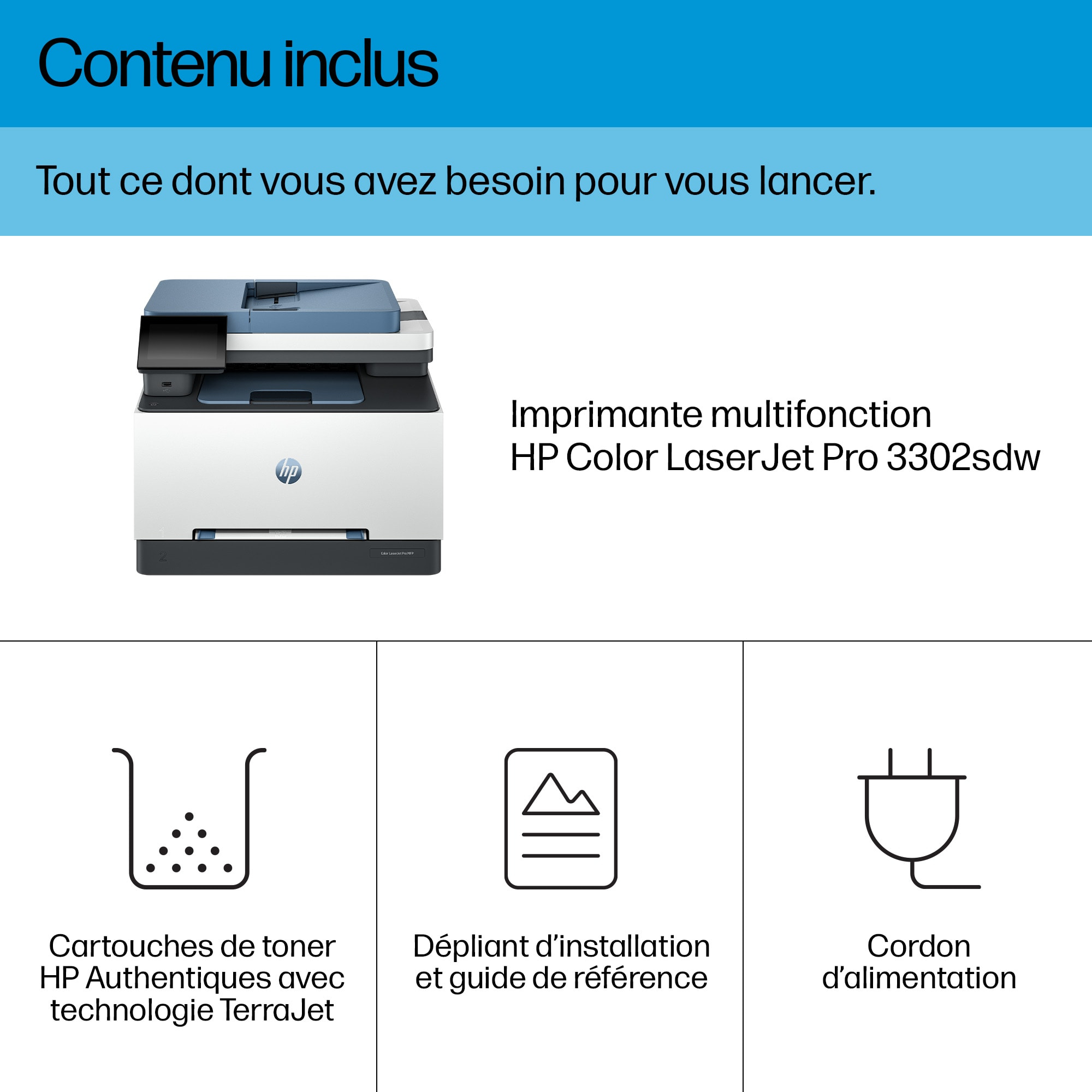HP Druckerbox mit Drucker, Toner, Installationsanleitung und Netzkabel-Symbolen. Text: Inhalt enthalten.