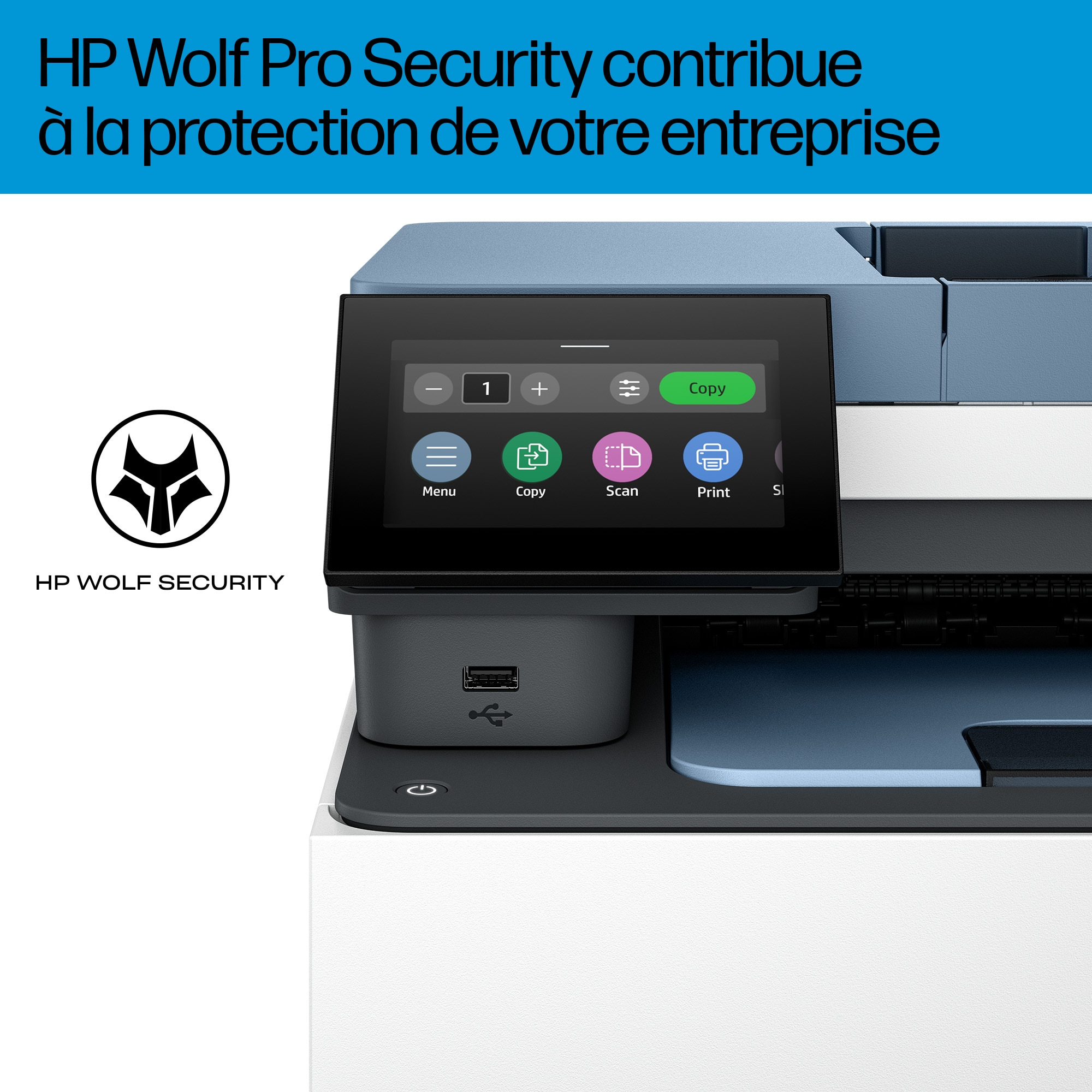 HP Drucker mit Bildschirm, Text über HP Wolf Pro Security und Logo.
