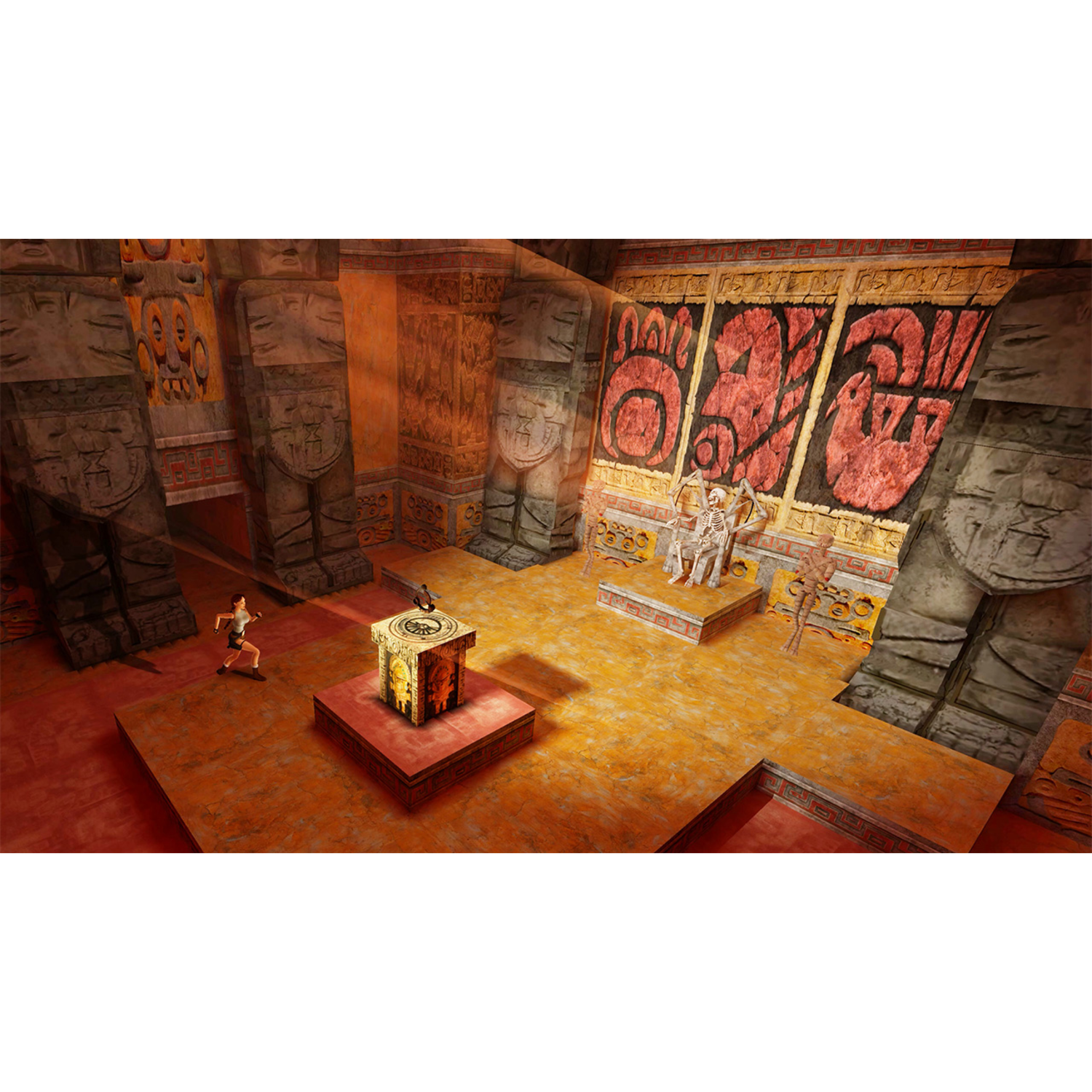An overhead view of a tomb scene. A figure stands before a glowing cube, surrounded by pillars and murals.