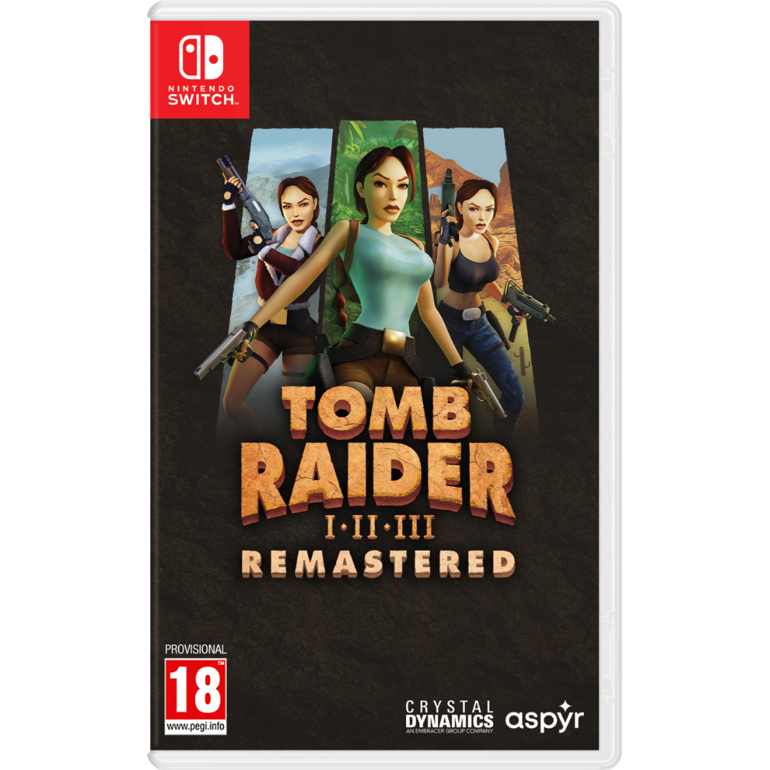 Nintendo Switch game case for 'Tomb Raider I-II-III Remastered'. Features Lara Croft and game title.