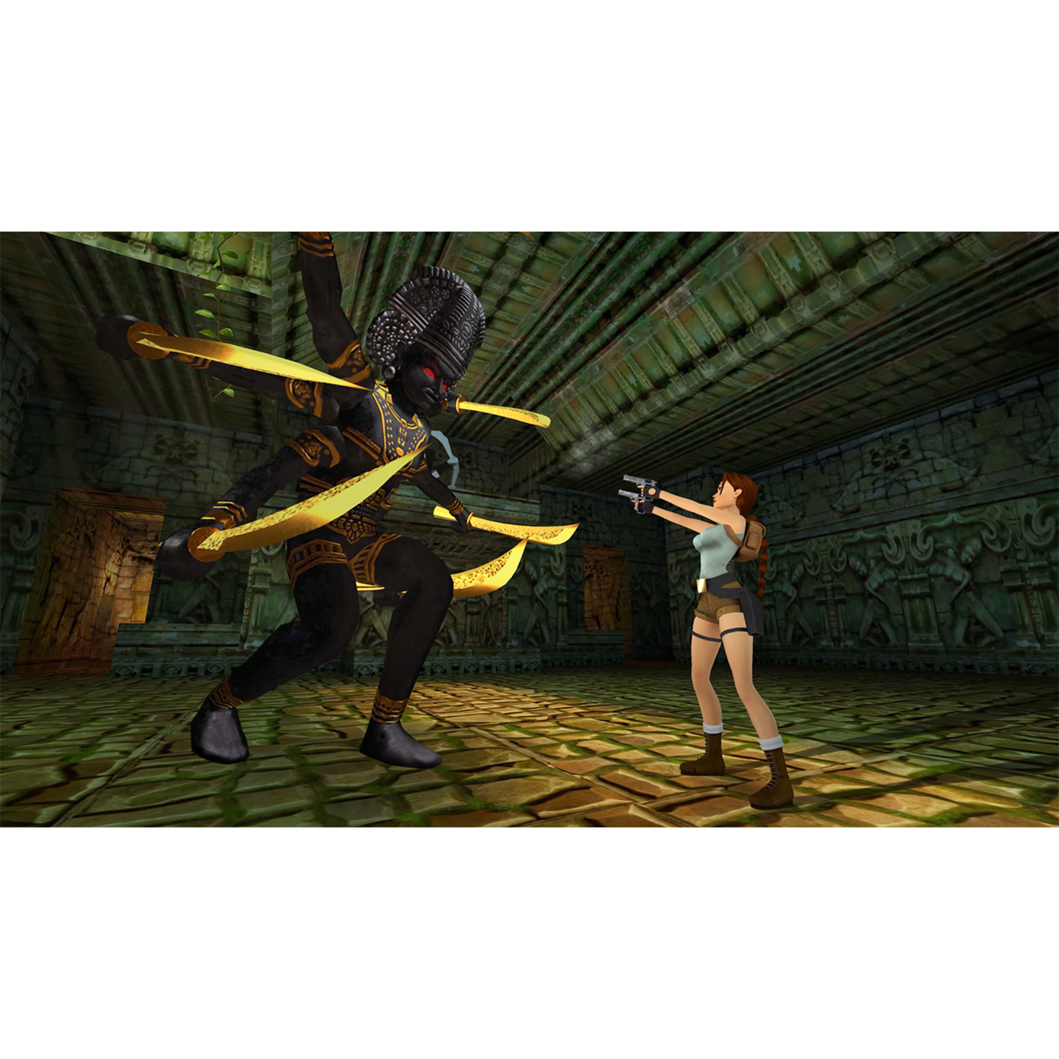 Lara Croft faces a black-gold creature with swords in a stone-walled chamber.