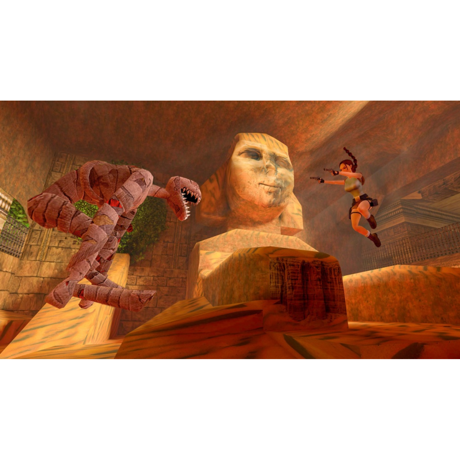 Lara Croft in a video game, jumps while shooting, in a desert-like environment.