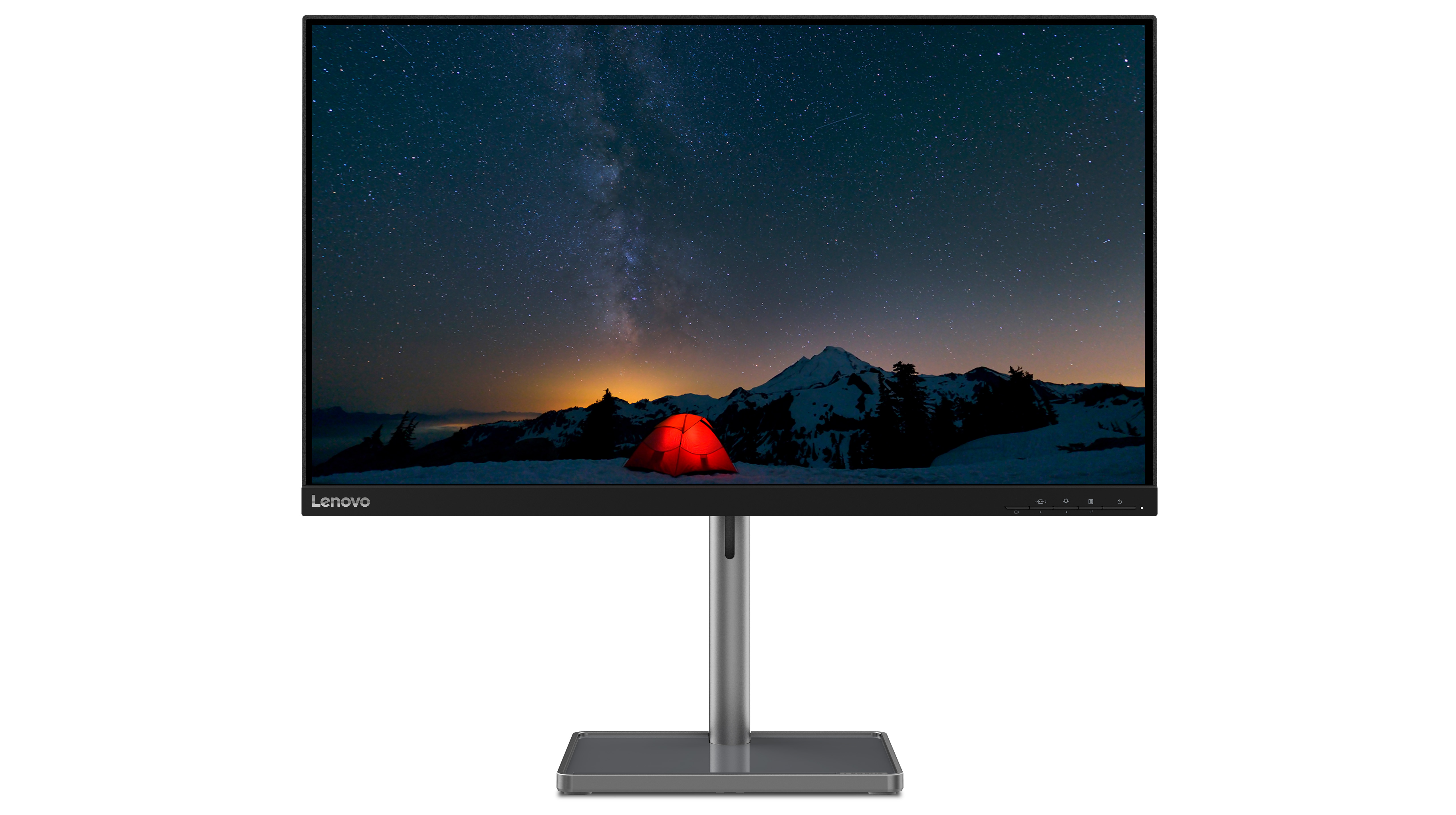 Monitor Lenovo z nocną scenerią. Przód: monitor. Tło: nocna sceneria.