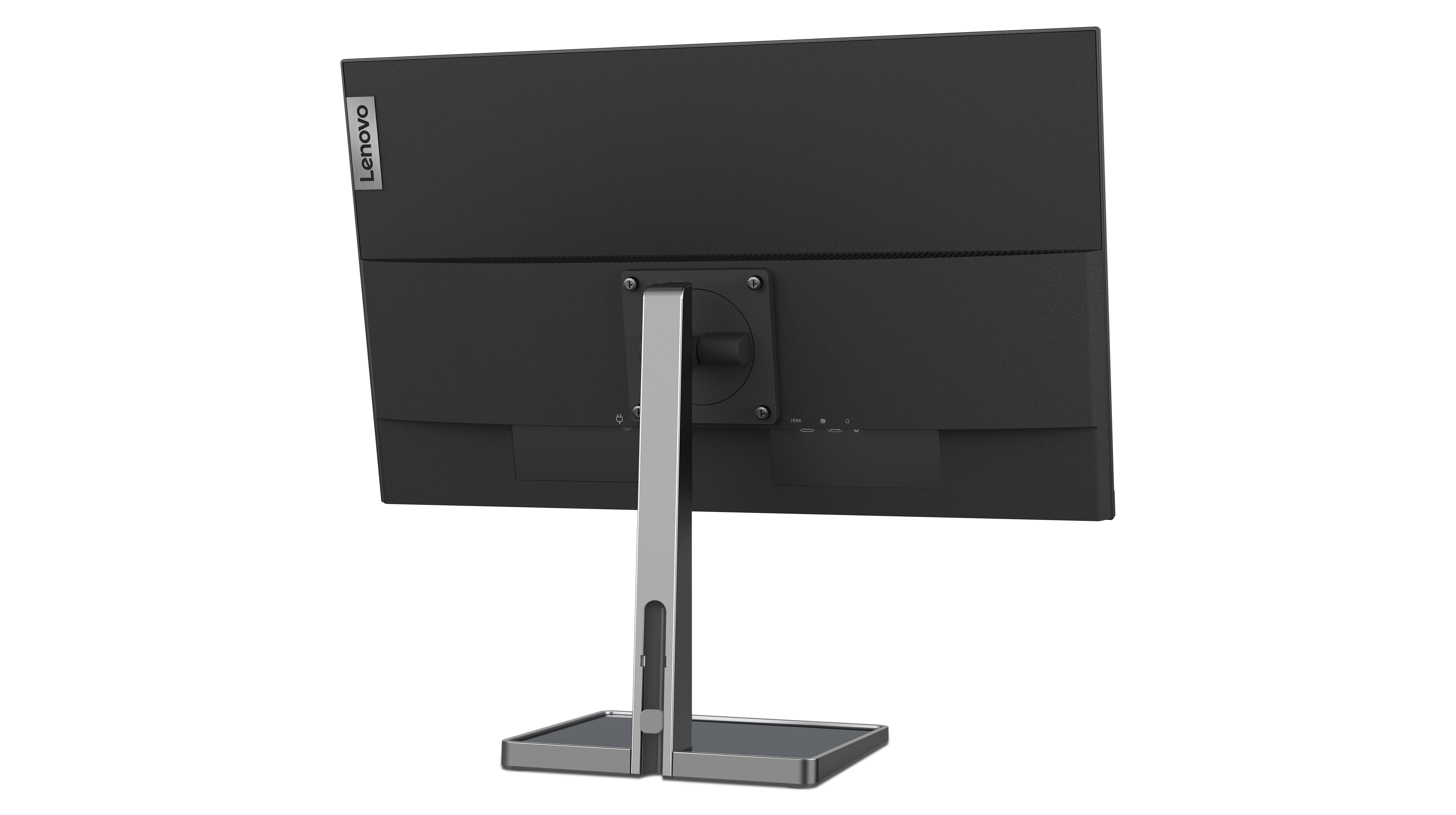 Tył czarnego monitora Lenovo na srebrnym stojaku. Logo Lenovo jest widoczne. Białe tło.