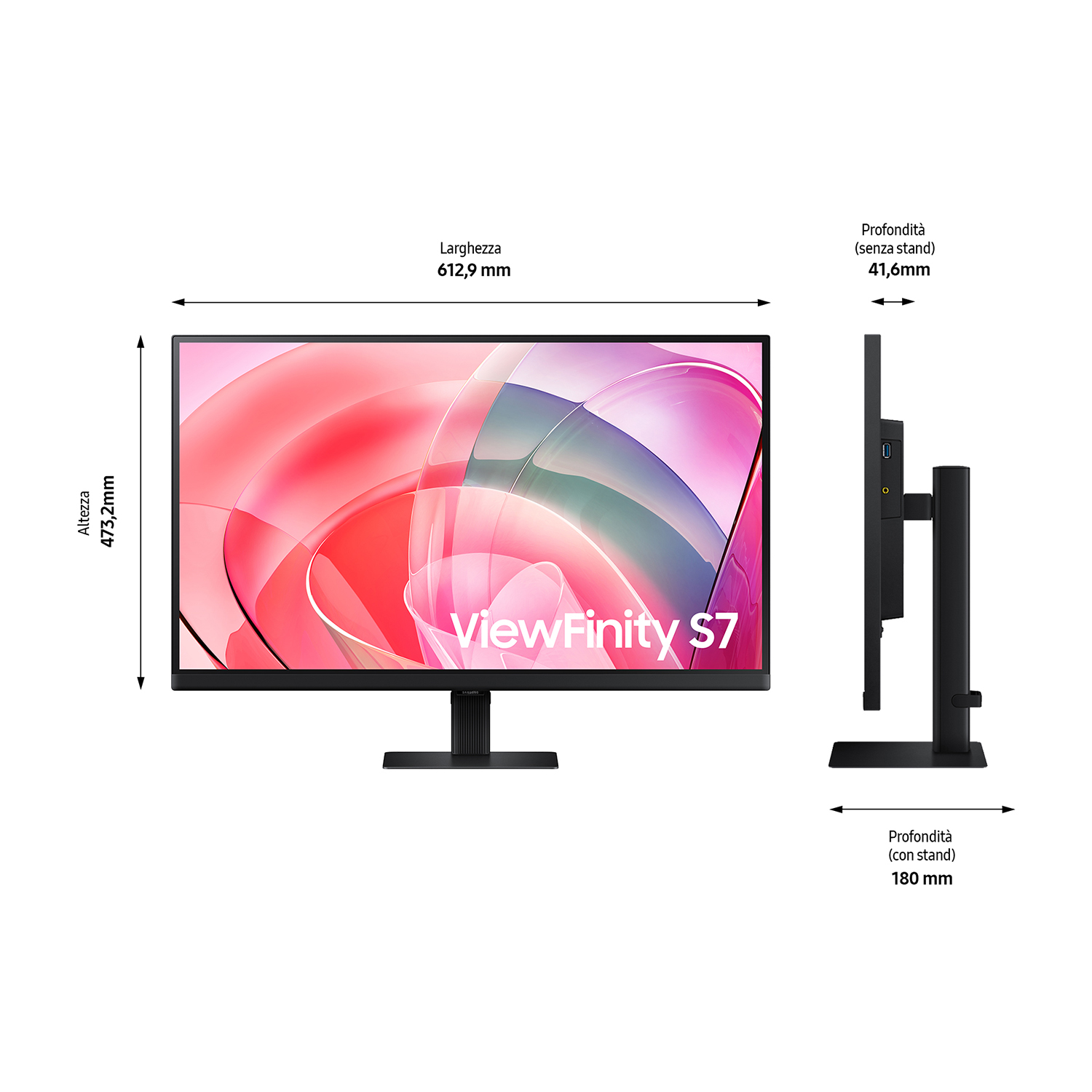 Monitor con misure. Ha un supporto nero e mostra il marchio 'ViewFinity S7'.