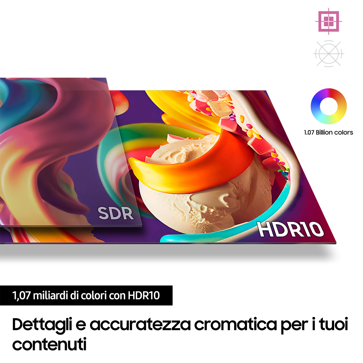 Opera d'arte mostra gelato su vortici colorati. HDR10 e SDR sullo schermo, con 1,07 miliardi di colori.