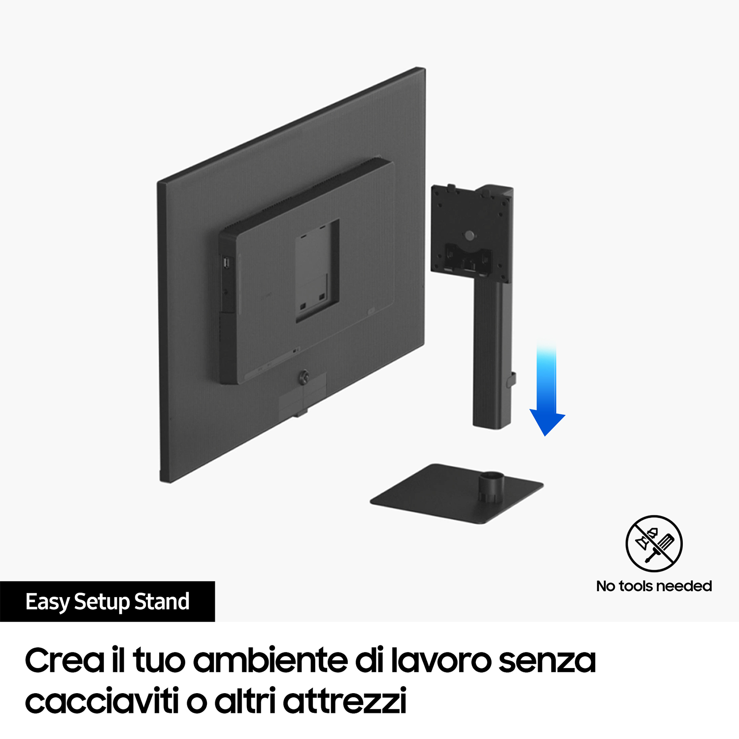 Un supporto per monitor con base e staffa, testo che dice Easy Setup Stand.