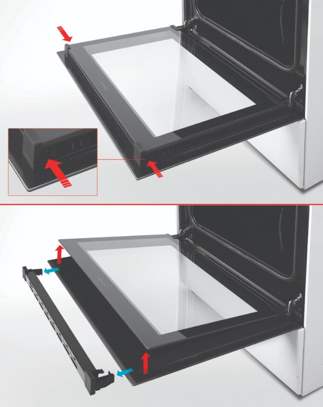 Een ovendeur wordt verwijderd, waarbij de glazen ruit en het frame te zien zijn.