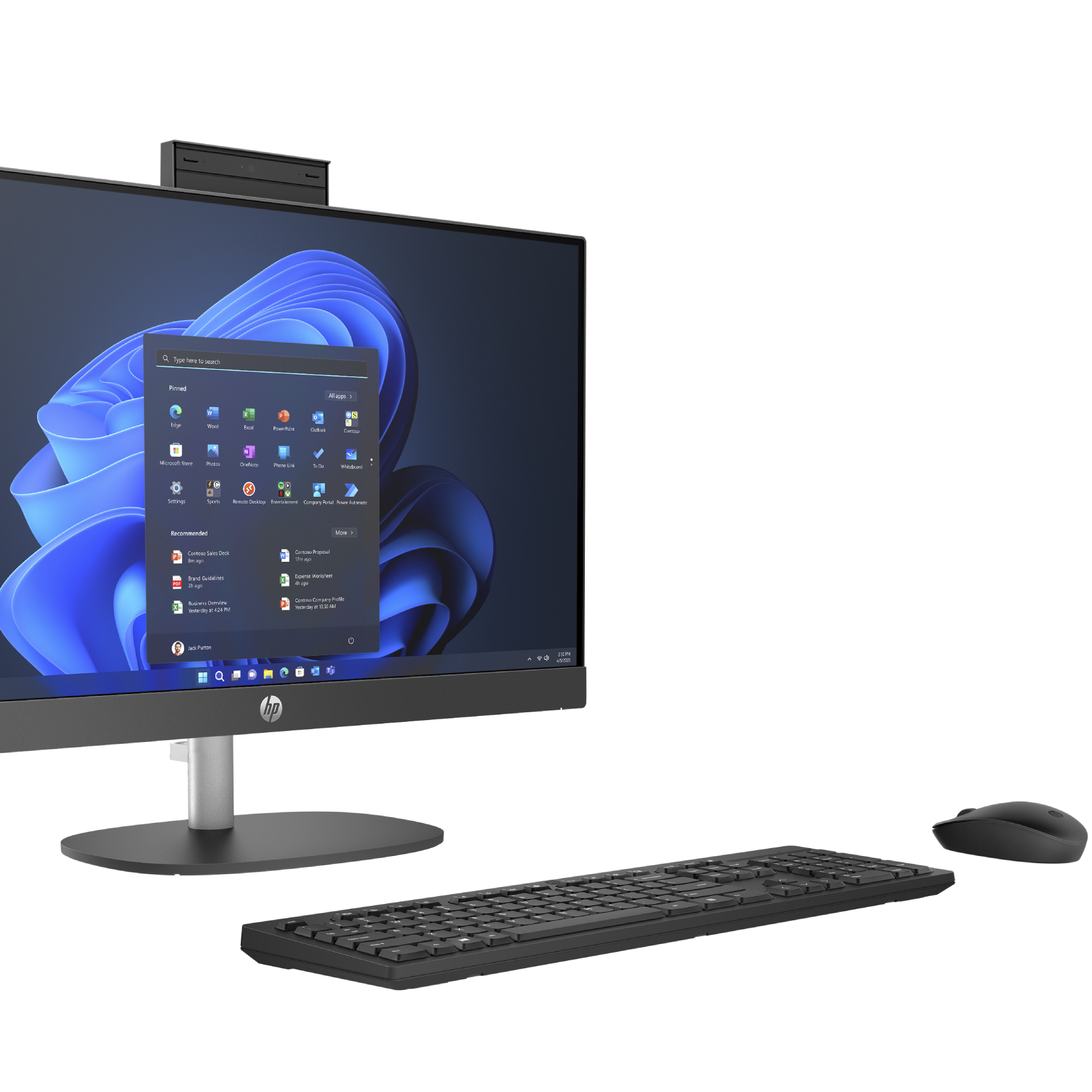 Una computadora todo en uno negra con teclado, ratón y software en la pantalla.