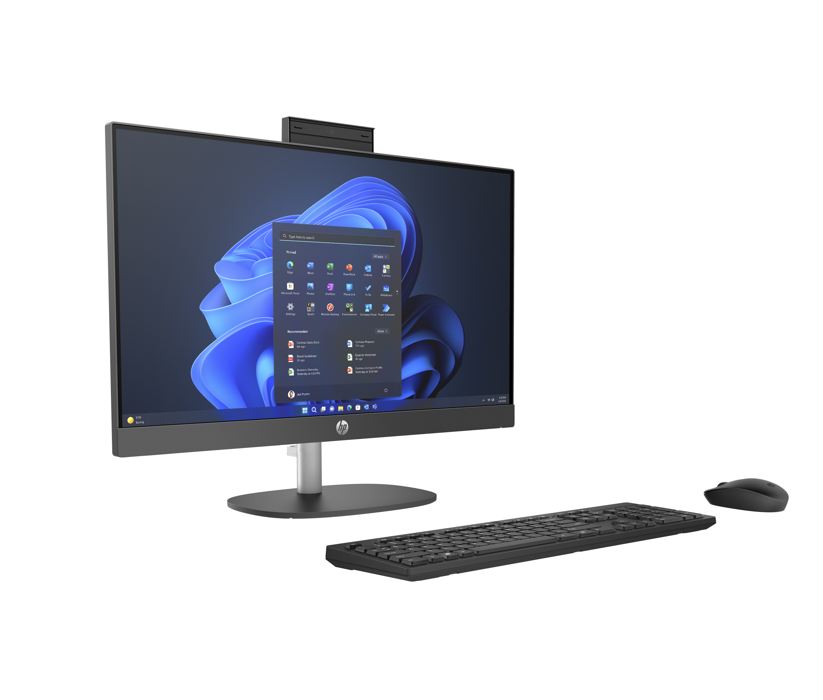 Configuración completa de computadora de escritorio HP con monitor, teclado y ratón.