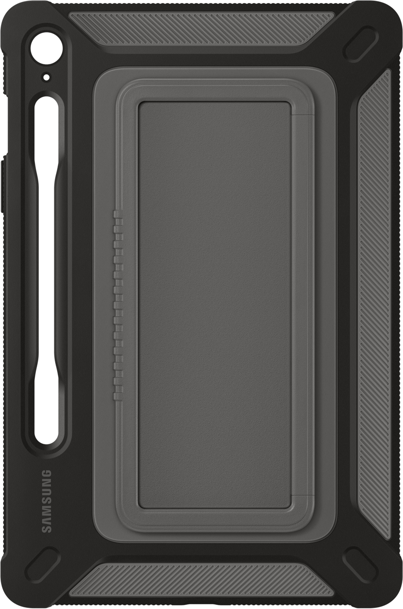 Un étui pour tablette, noir et gris. Montre l'écran de la tablette.
