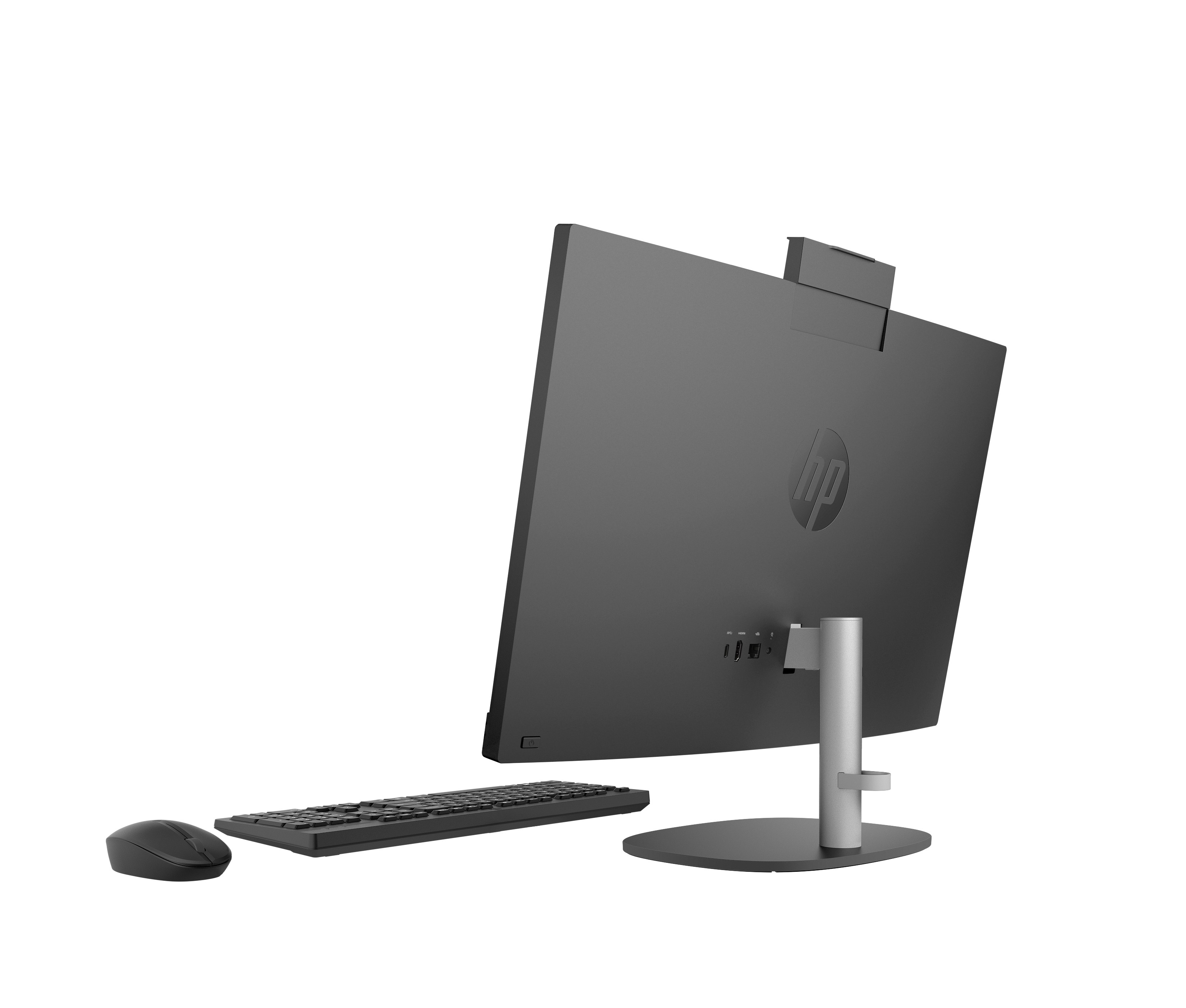 Una computadora de escritorio HP todo en uno negra con teclado y ratón.