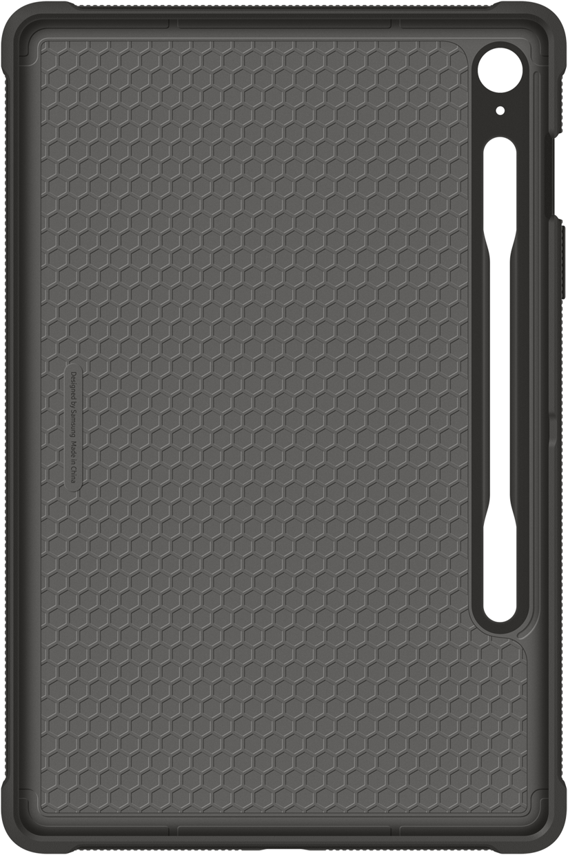 Dos d'un étui de tablette gris avec une surface texturée et une fente pour stylo.