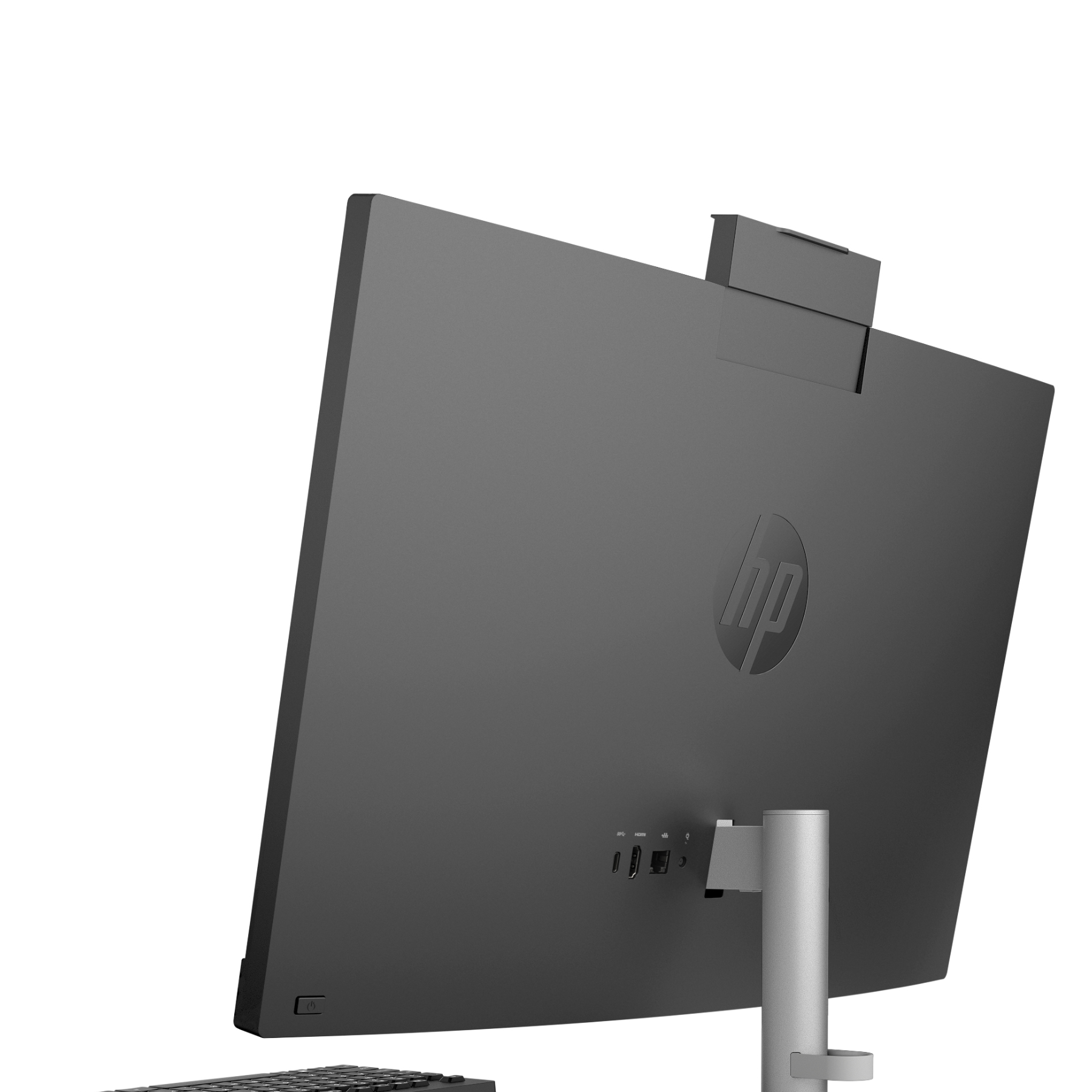 Vista trasera de un ordenador HP todo en uno negro. El logo de HP es visible, junto a puertos y el soporte.