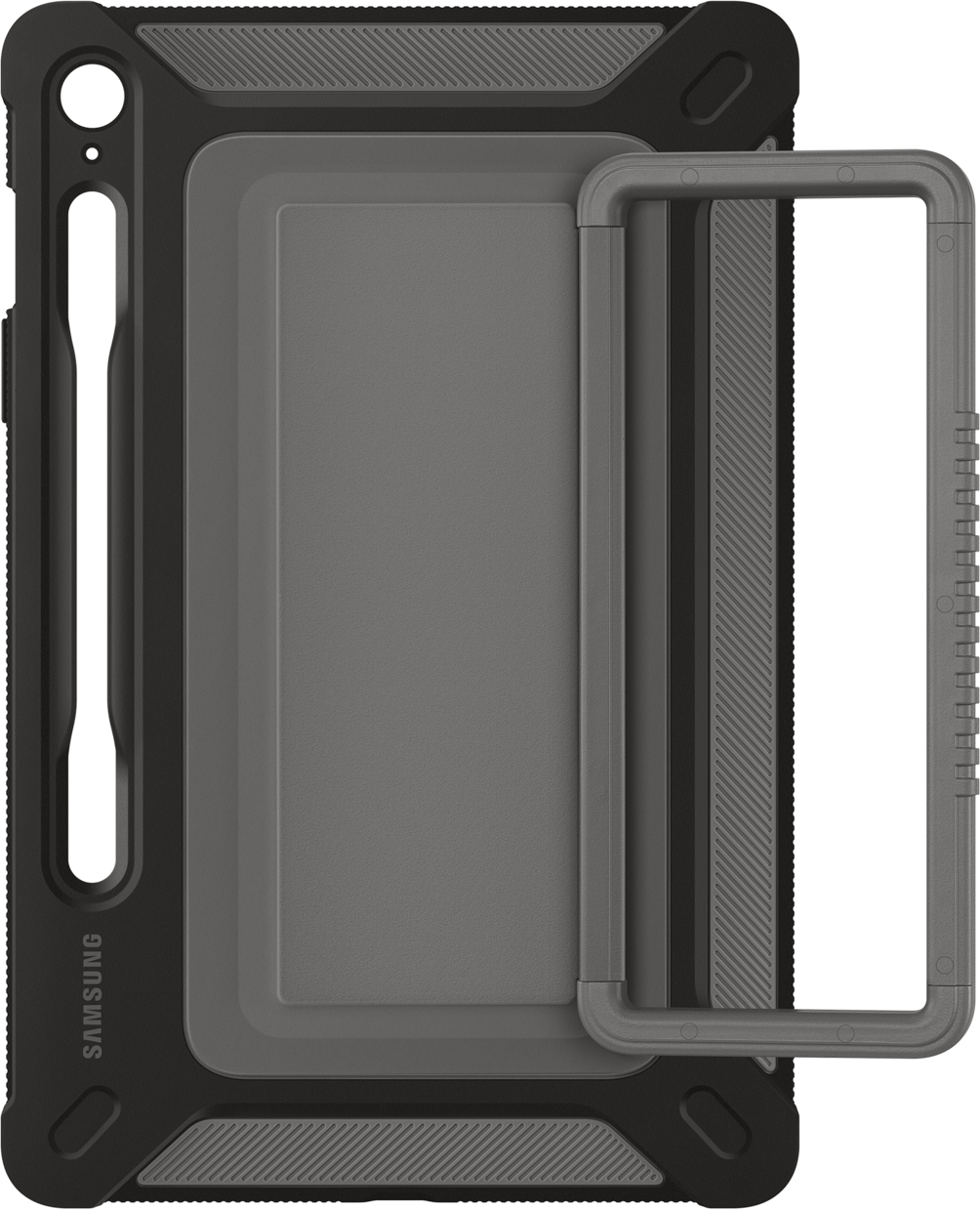 Un étui gris pour tablette avec une poignée intégrée. L'étui protège la tablette.
