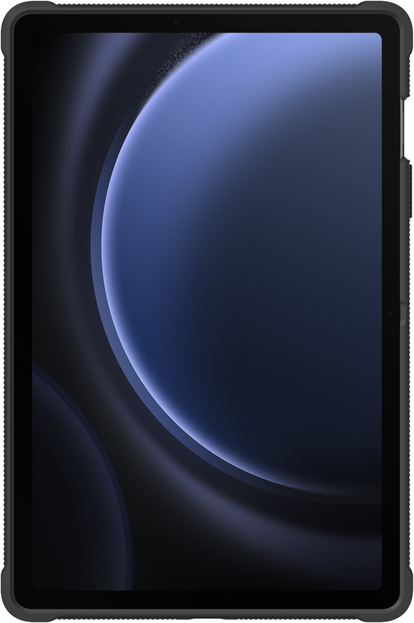 Tablette noire avec écran bleu foncé.