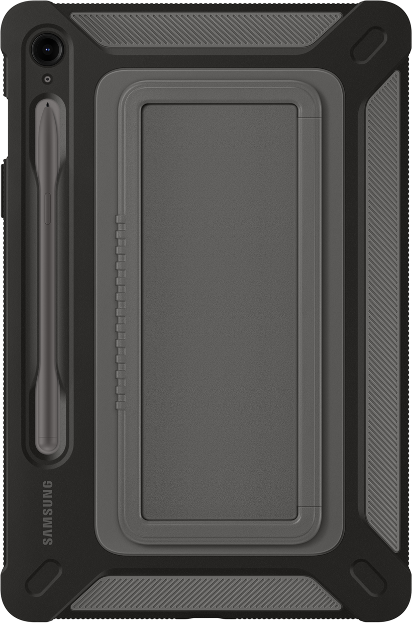 Un étui de tablette noir avec un protecteur d'écran transparent et un porte-stylet. L'étui est robuste.
