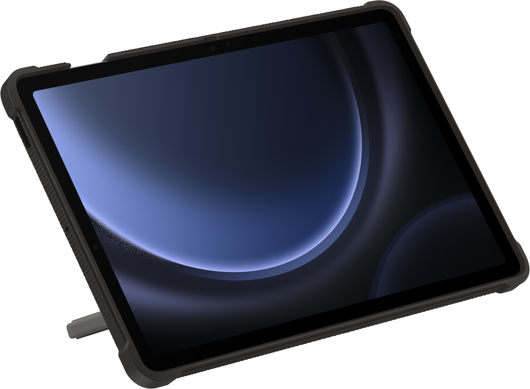 Tablette dans un étui noir, écran affichant un design bleu et blanc, en angle.