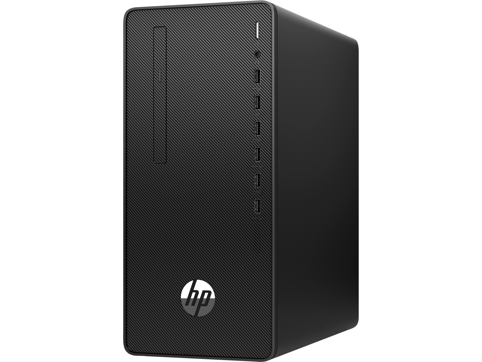 Una computadora de escritorio HP negra con un panel frontal texturizado, el logotipo de HP y varios puertos.