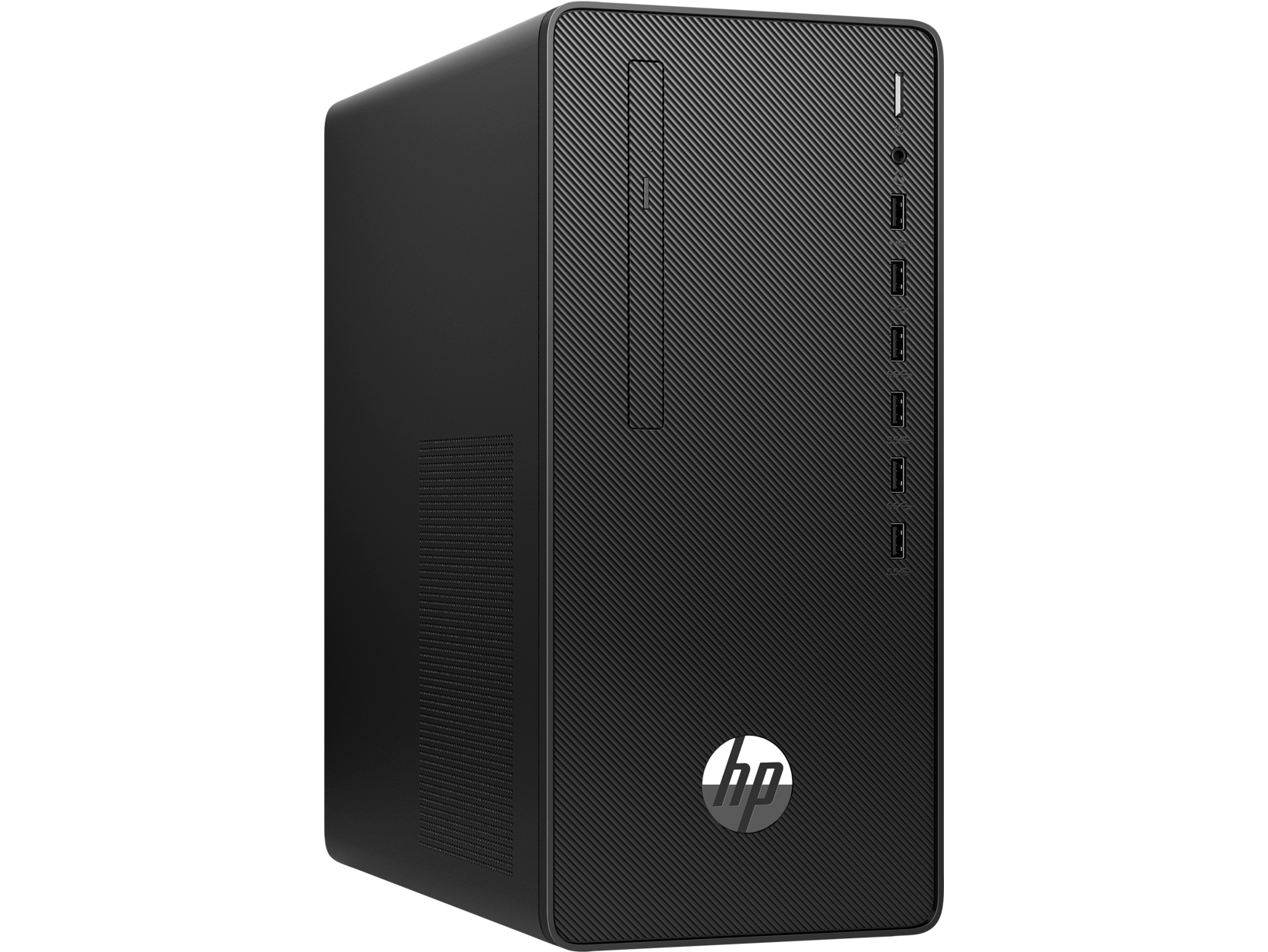 Ordenador de sobremesa HP negro. El ordenador está en posición vertical y tiene el logotipo de HP.