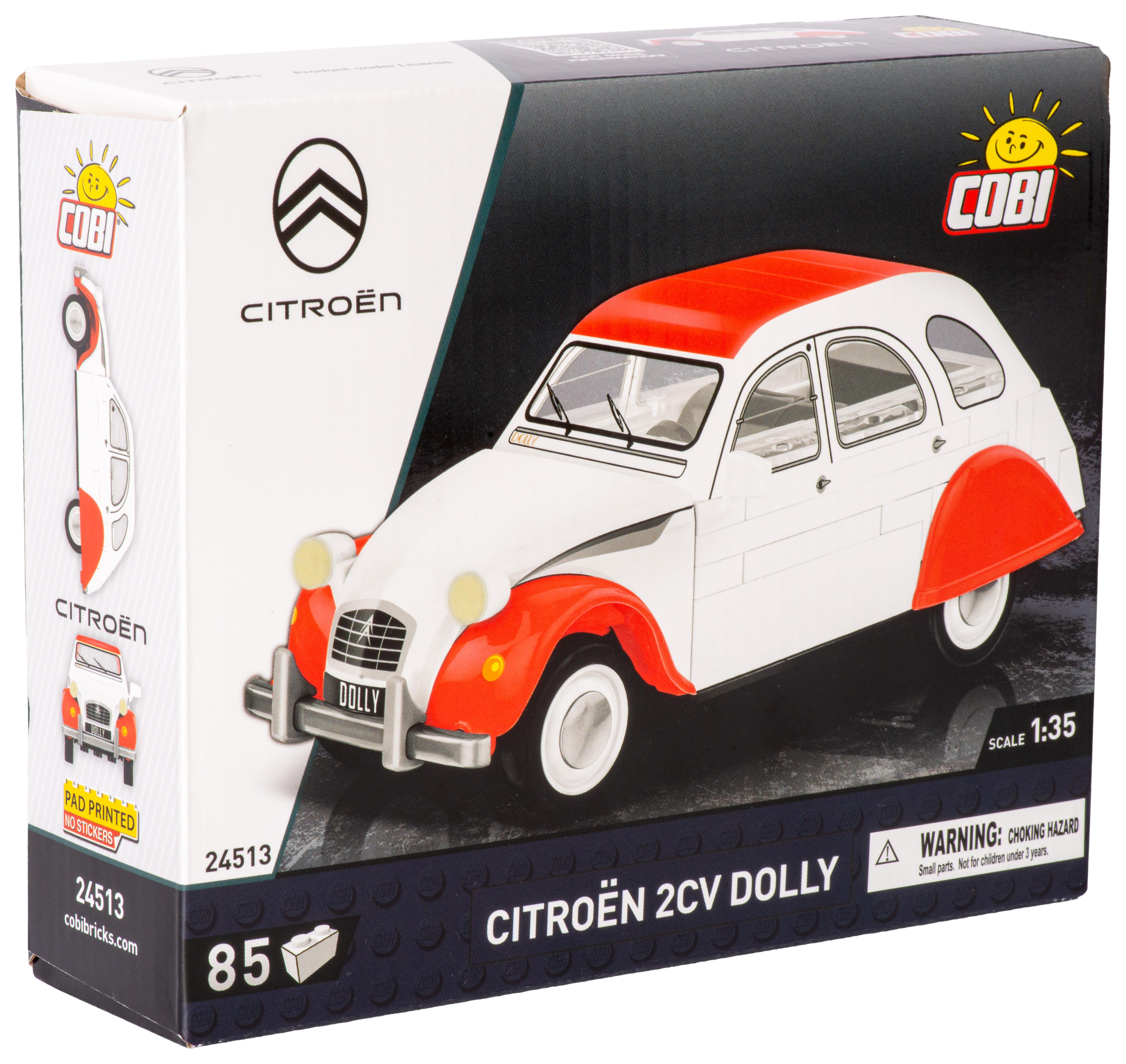Karton eines Citroën 2CV Dolly, mit einem weißen Auto mit roten Akzenten und dem Lego-Logo.