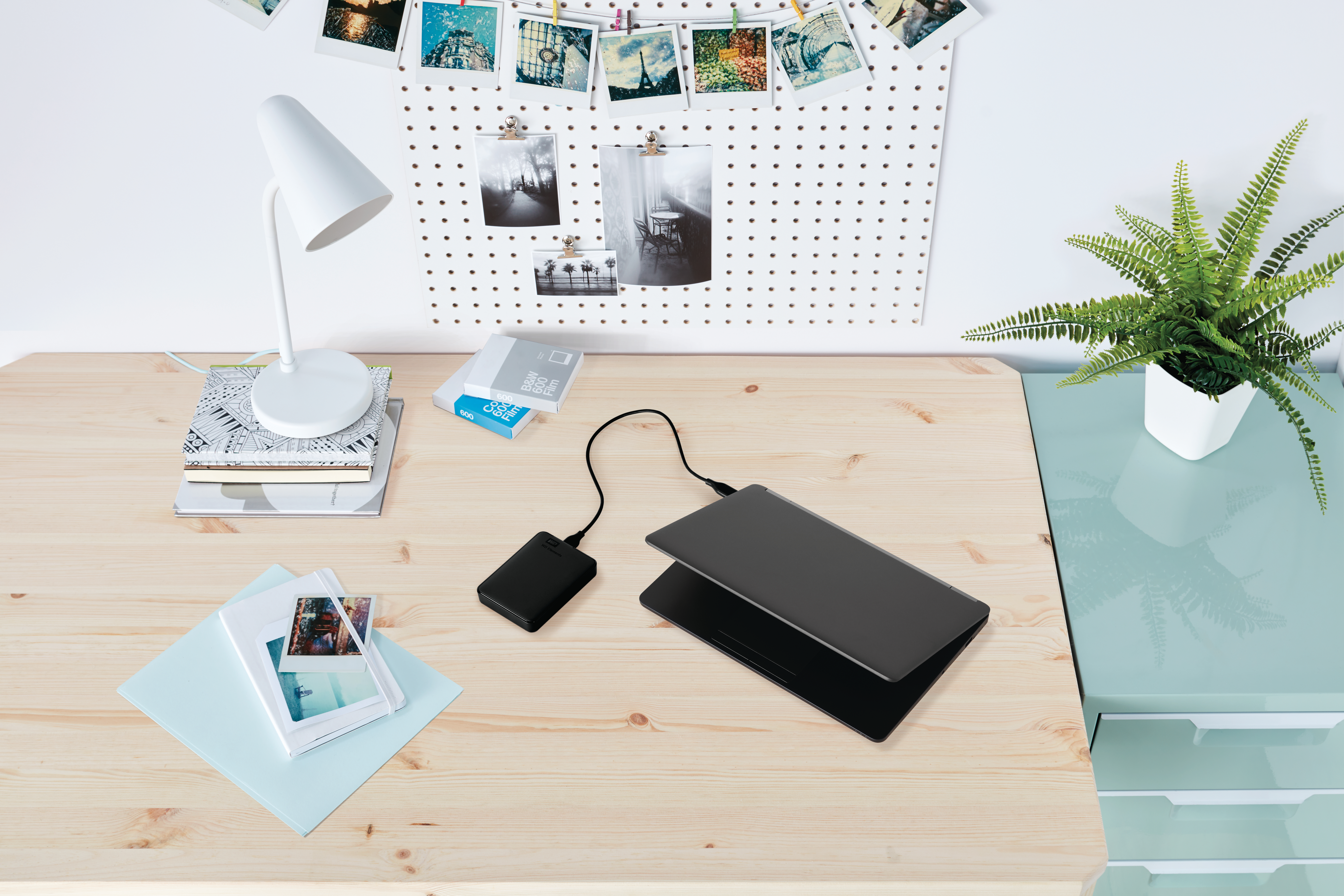 Ein Schreibtisch mit Laptop, Lampe, Büchern und einer Pflanze. Ein schwarzes Ladegerät ist mit dem Laptop verbunden.