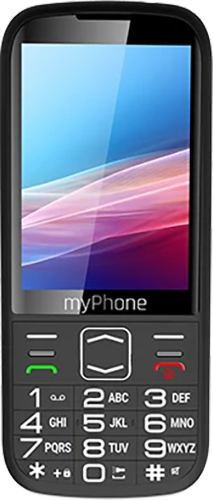 Fekete mobiltelefon nagy gombokkal és egy szöveget megjelenítő képernyővel, a 'myPhone' márkanévvel.
