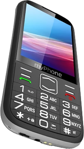 Egy fekete myPhone nagy gombokkal, képernyővel és egyszerű, felhasználóbarát dizájnnal.