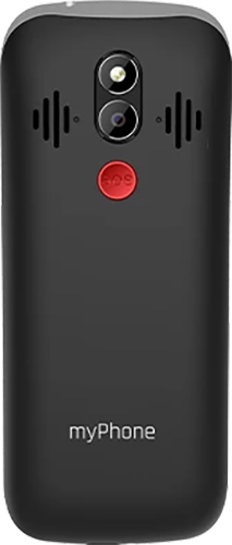 Egy fekete myPhone két kamerával és egy piros SOS gombbal. A telefon hátulja látható.