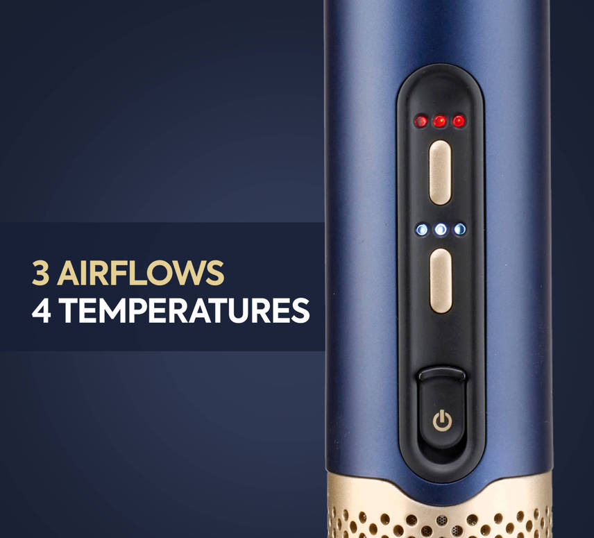 Ein blau-goldener Haarstyler mit Knöpfen. Text sagt '3 AIRFLOWS 4 TEMPERATUREN'.