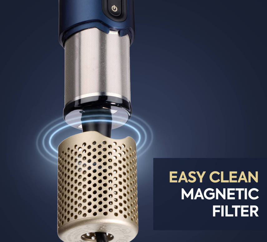 Ein leicht zu reinigender Magnetfilter mit blauem Akzent und goldenem Filterelement.
