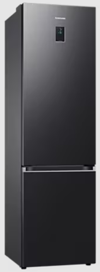 Czarna lodówka na białym tle. Lodówka jest wysoka i elegancka.