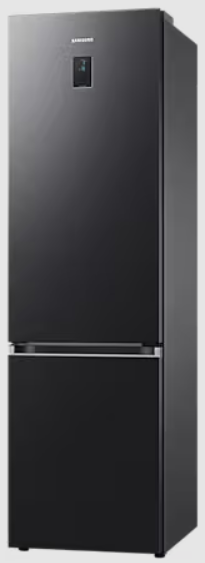 Czarna lodówka, na jasnoszarym tle.