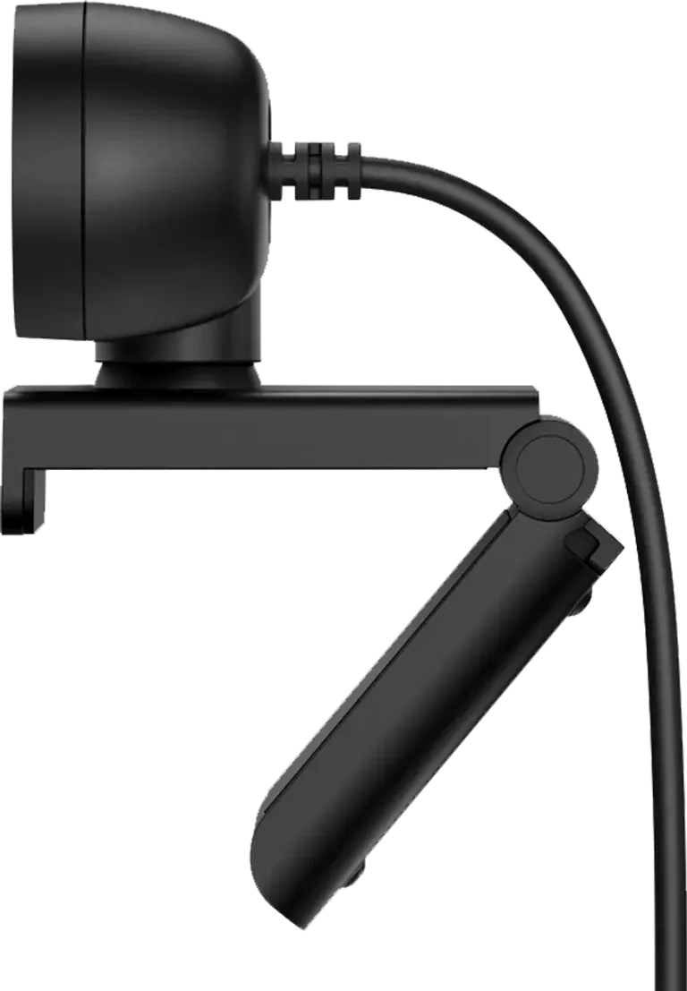 Une webcam noire avec un câble et un clip de montage. Fond noir.