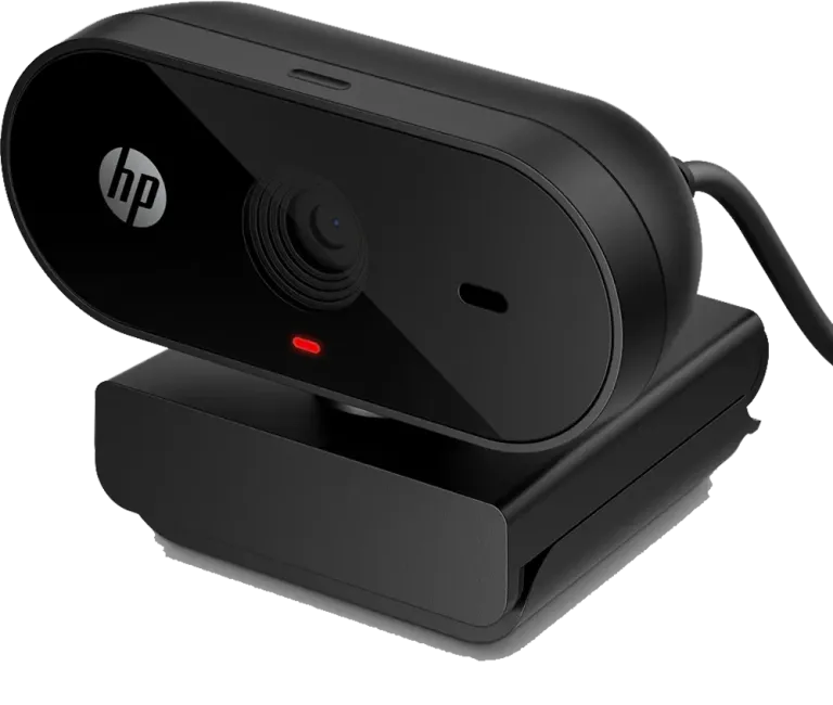 Une webcam noire avec un voyant rouge et un câble de connexion.