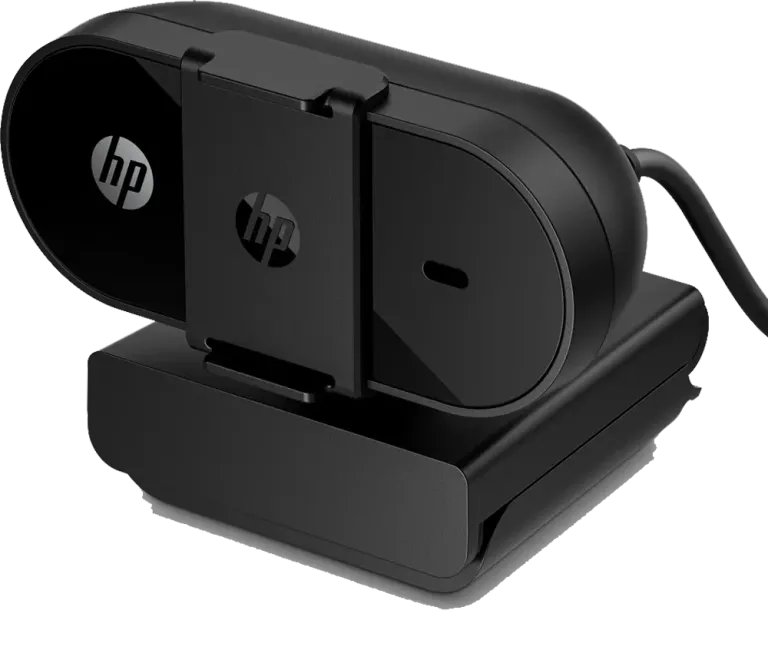 Webcam HP noire avec base pivotante et design rectangulaire incliné.