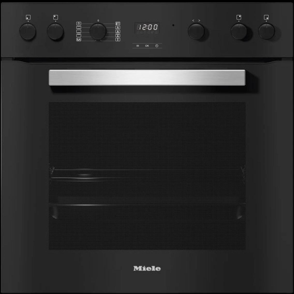 Schwarzer Backofen mit Bedienelementen. Er hat eine Digitaluhr und verschiedene Knöpfe.