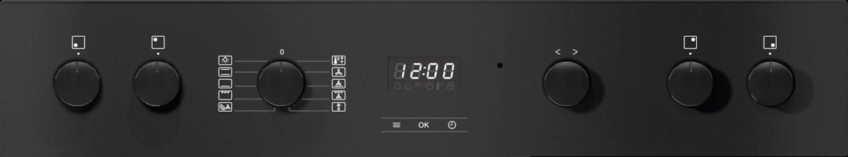 Schwarzes Ofenbedienfeld mit Knöpfen, eine Digitaluhr zeigt '12:00'.