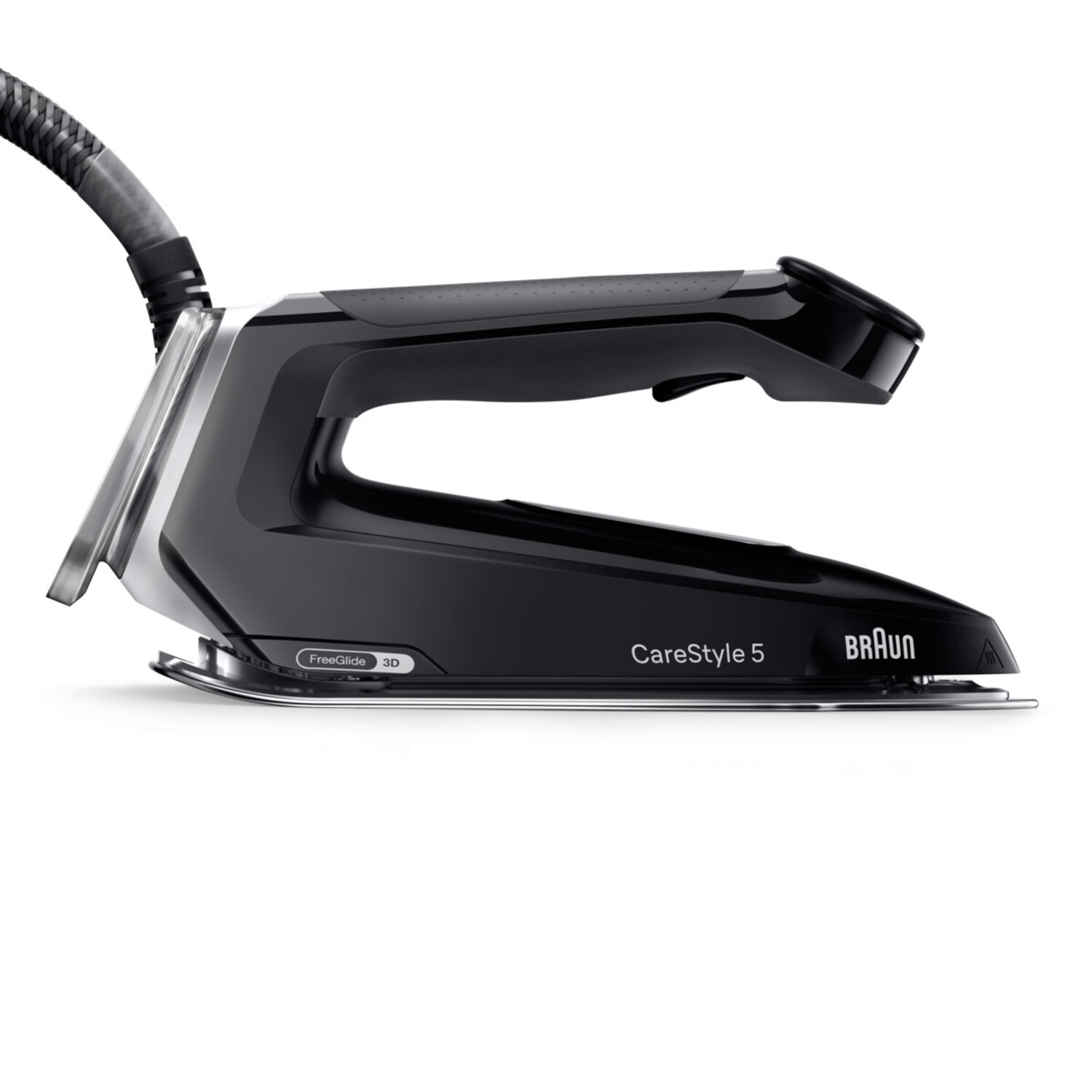 Zwart en zilver strijkijzer met labels 'FreeGlide 3D' en 'CareStyle 5'. Witte achtergrond.