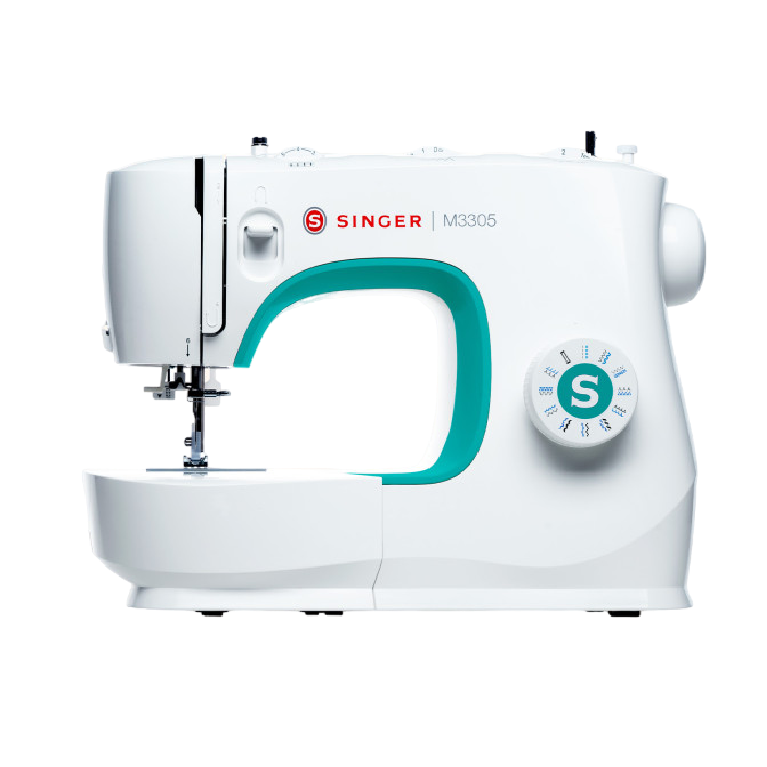 Machine à coudre Singer blanche avec une poignée et un cadran turquoise.