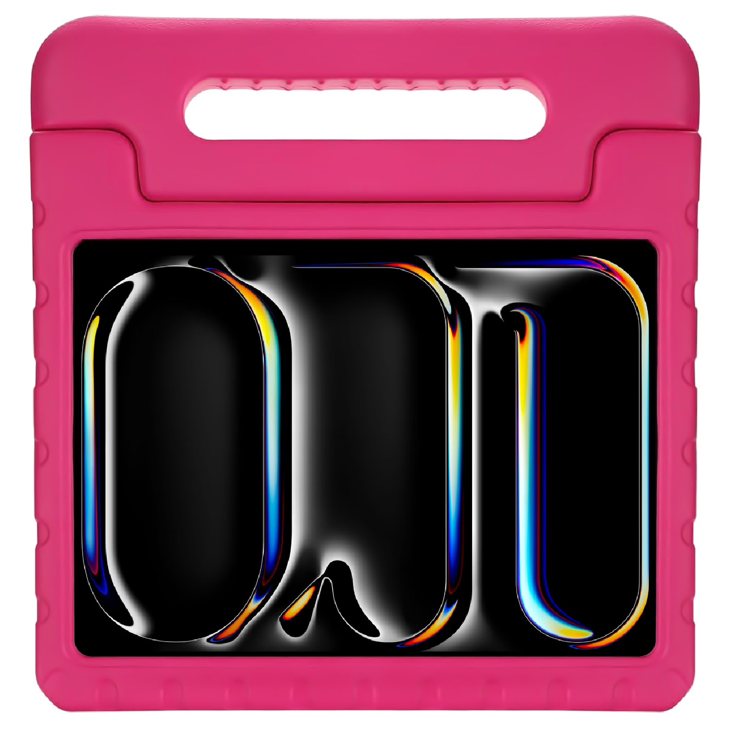 Étui de tablette rose avec le mot "OJO" en dégradé arc-en-ciel, sur fond noir.