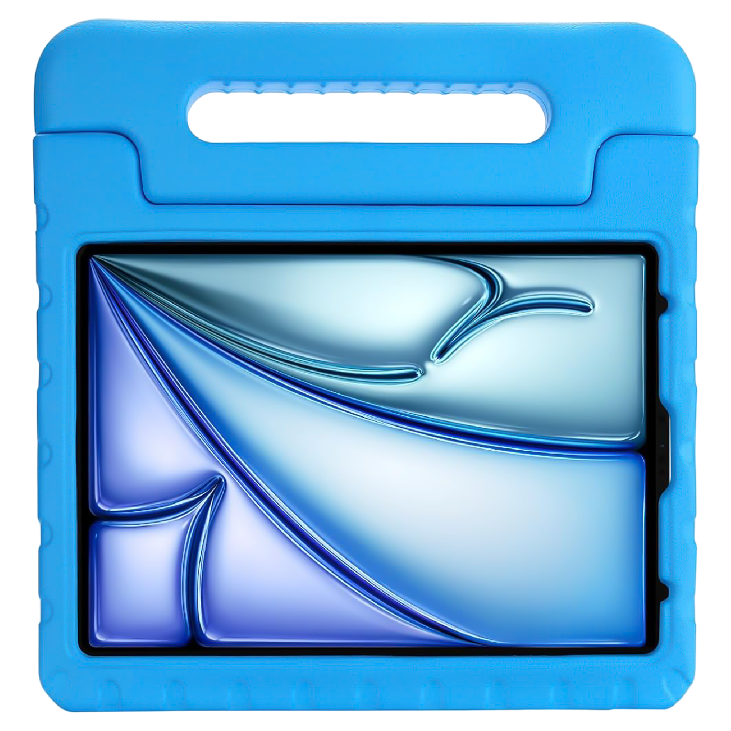 Étui de tablette bleu avec poignée, contenant une tablette avec un écran brillant bleu et blanc.