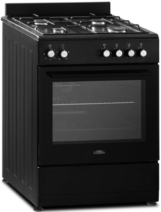 Black gas stove with four burners, knobs, and an oven below.