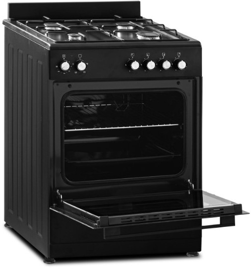 Black oven with open door, with gas burners on top. Black surface and white background.