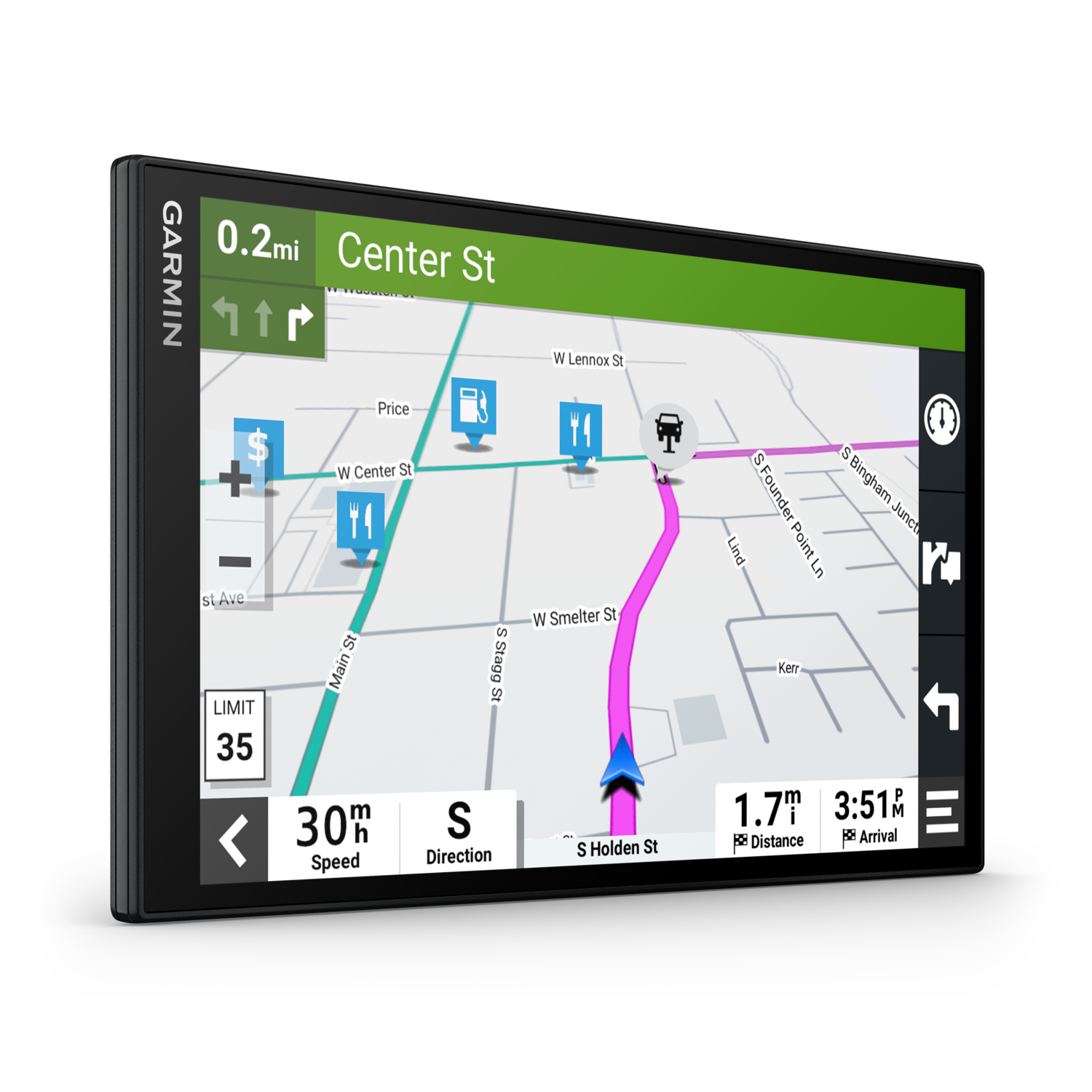 Garmin GPS device displaying a map with street names and navigation arrows.