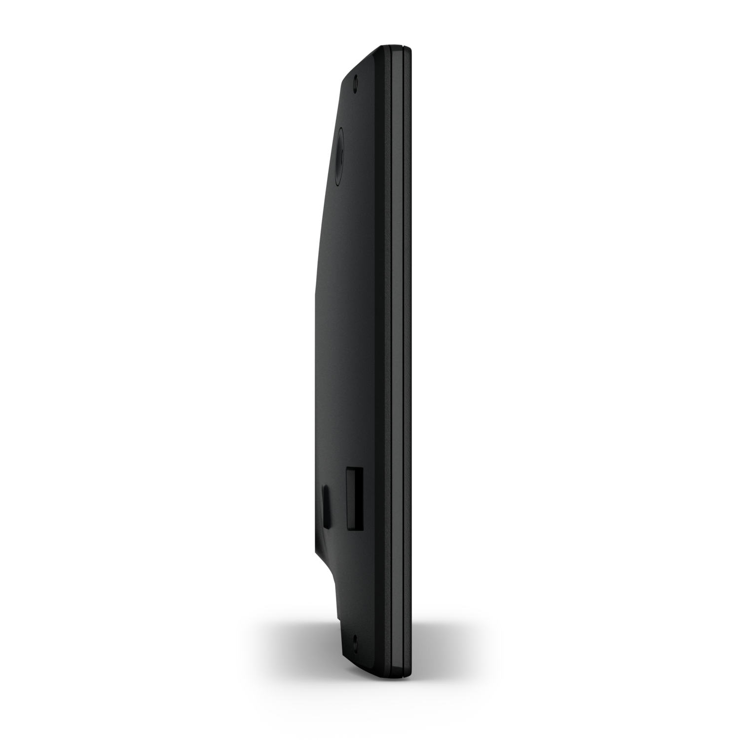 A black computer monitor from the side, against a black background.