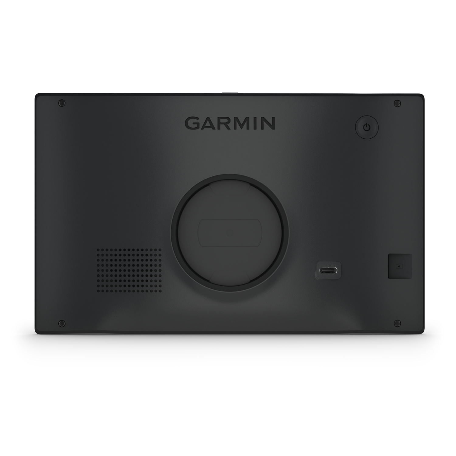 Back of a Garmin device, black, with Garmin logo, power button, and USB port.